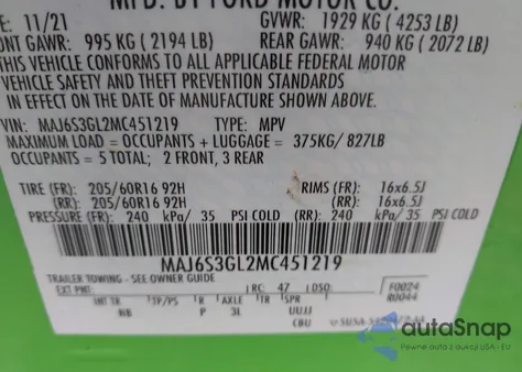 2021 Ford Ecosport Se z USA, uszkodzony, nr VIN MAJ6S3GL2MC451219